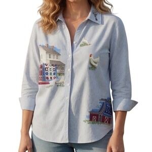 Las Olas Womens Striped Farmhouse Chicken Graphic Button Down S Farm Cottagecore